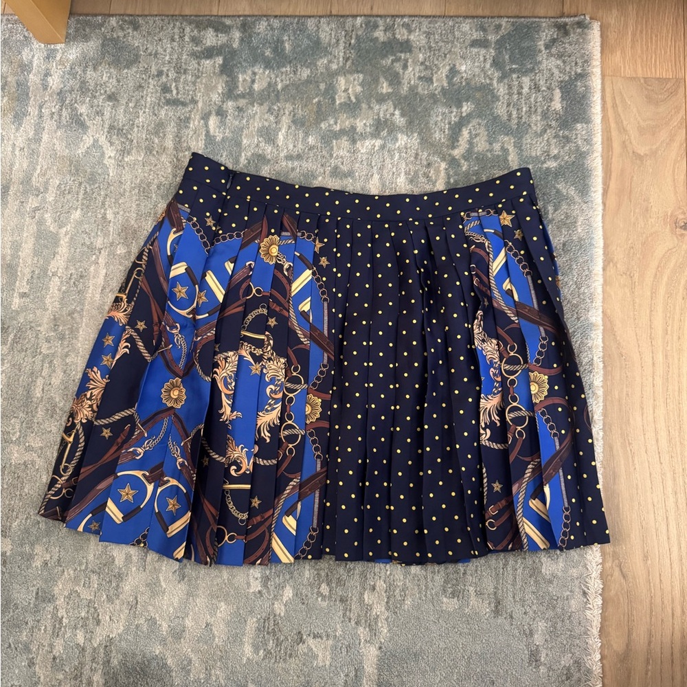 Sandro Blue and White Pleated Skater Mini Skirt